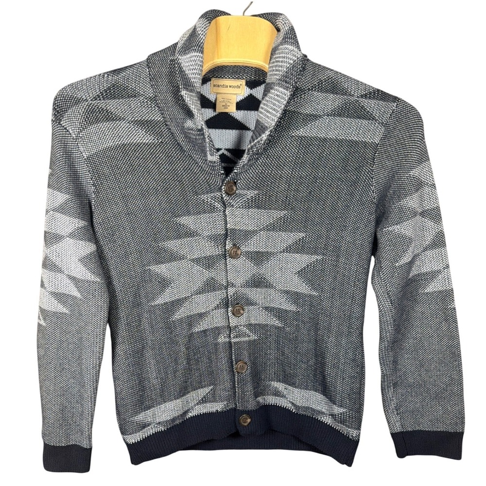 Scandia Woods Mens Navy Blue Geometric Southwestern Cotton Shawl Cardigan M